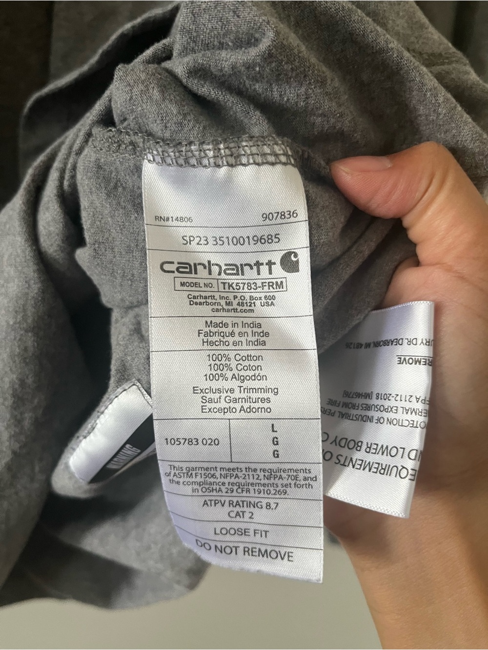 Carhartt FR Workwear Gray Long Sleeve T Shirt Large 100% Cotton Loose Fit - Picture 5 of 6